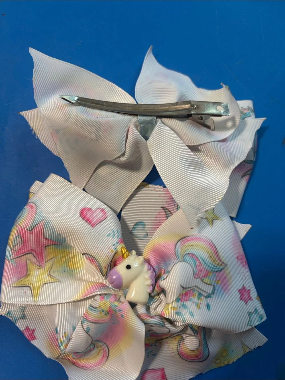Unbranded Kids White Unicorn Bow Hair Clip - Pastel Stars & Rainbows